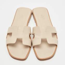Pre Owned Hermes Cream Leather Oran Flat Slides Size 36.5