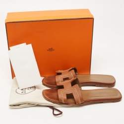 Pre Owned Hermes Brown Leather Stitch Detail Oran Flat Slides Size 39.5
