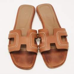 Pre Owned Hermes Brown Leather Stitch Detail Oran Flat Slides Size 39.5