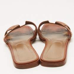 Pre Owned Hermes Brown Leather Stitch Detail Oran Flat Slides Size 39.5