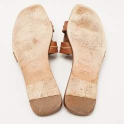Pre Owned Hermes Brown Leather Stitch Detail Oran Flat Slides Size 39.5