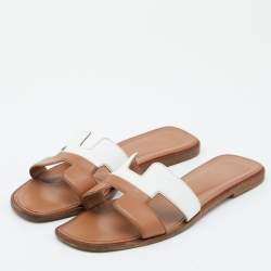 Pre Owned Hermes Brown/White Leather Oran Sandals Size 39
