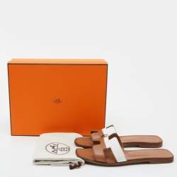 Pre Owned Hermes Brown/White Leather Oran Sandals Size 39
