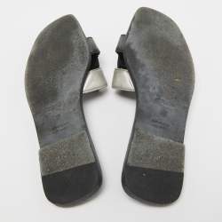 Hermes Metallic Silver Leather Oran Slide Flats Size 37