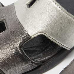 Hermes Metallic Silver Leather Oran Slide Flats Size 37
