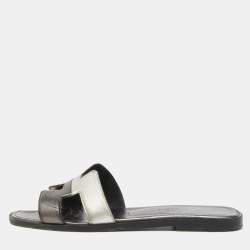 Hermes Metallic Silver Leather Oran Slide Flats Size 37