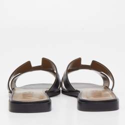 مملوكة مسبقًا Hermes Black Leather Oran Flat Slides Size 37.5