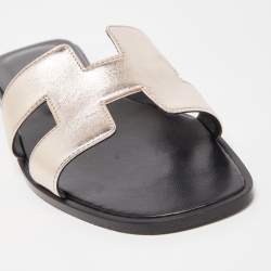 Pre Owned Hermes Metallic Pink Leather Oran Flat Slides Size 37.5