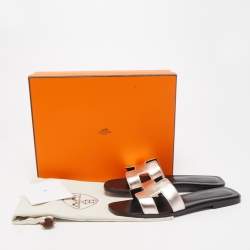 Pre Owned Hermes Metallic Pink Leather Oran Flat Slides Size 37.5