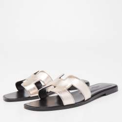 Pre Owned Hermes Metallic Pink Leather Oran Flat Slides Size 37.5