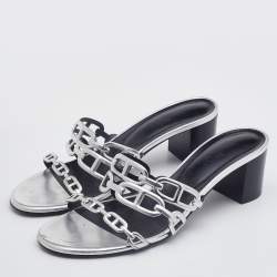 Pre Owned Hermes Silver Leather Tandem Slide Sandals Size 40