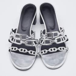 Pre Owned Hermes Silver Leather Tandem Slide Sandals Size 40