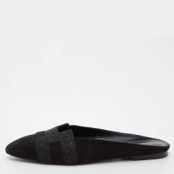 Hermes Black Suede and Beads Powder Roxane Flat Mules Size 38