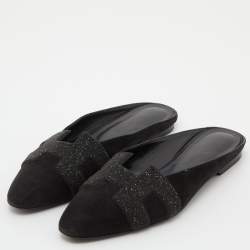 Hermes Black Suede and Beads Powder Roxane Flat Mules Size 38