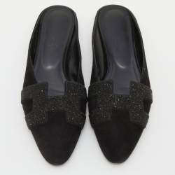 Hermes Black Suede and Beads Powder Roxane Flat Mules Size 38