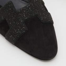 Hermes Black Suede and Beads Powder Roxane Flat Mules Size 38