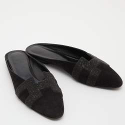 Hermes Black Suede and Beads Powder Roxane Flat Mules Size 38