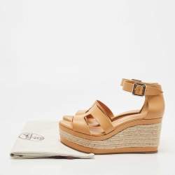 Hermes Tan Leather Elda Wedge Platform Ankle Strap Espadrilles Size 40.5