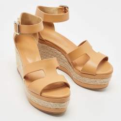 Hermes Tan Leather Elda Wedge Platform Ankle Strap Espadrilles Size 40.5