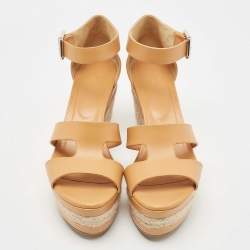 Hermes Tan Leather Elda Wedge Platform Ankle Strap Espadrilles Size 40.5