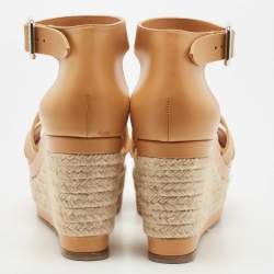 Hermes Tan Leather Elda Wedge Platform Ankle Strap Espadrilles Size 40.5