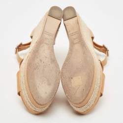 Hermes Tan Leather Elda Wedge Platform Ankle Strap Espadrilles Size 40.5