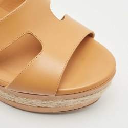 Hermes Tan Leather Elda Wedge Platform Ankle Strap Espadrilles Size 40.5