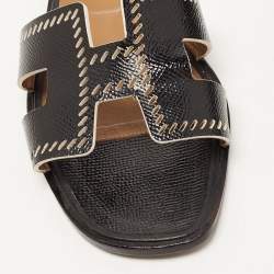 Pre Owned Hermes Black Patent Leather Oran Flat Slides Size 37