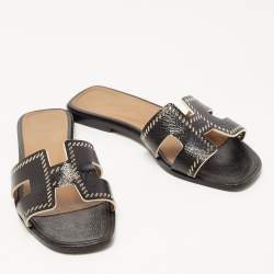 Pre Owned Hermes Black Patent Leather Oran Flat Slides Size 37