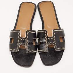 Pre Owned Hermes Black Patent Leather Oran Flat Slides Size 37