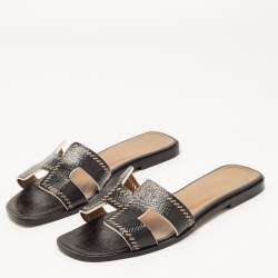 Pre Owned Hermes Black Patent Leather Oran Flat Slides Size 37