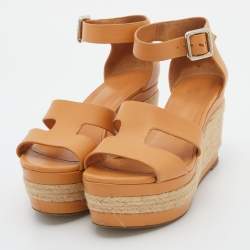 Hermes Tan Leather Ilana Espadrille Wedge Sandals Size 38