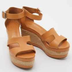 Hermes Tan Leather Ilana Espadrille Wedge Sandals Size 38