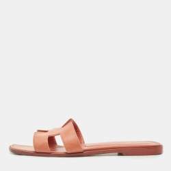 Hermes Orange Leather Oran Flat Slides Size 38.5