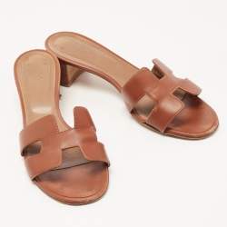Hermes Brown Leather Oasis Slide Sandals Size 40