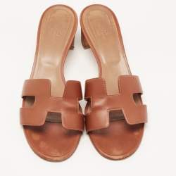 Hermes Brown Leather Oasis Slide Sandals Size 40