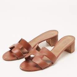 Hermes Brown Leather Oasis Slide Sandals Size 40