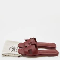 Pre Owned Hermes Red Leather Oran Flat Slides Size 38