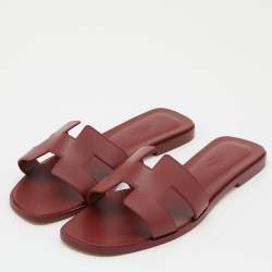 Pre Owned Hermes Red Leather Oran Flat Slides Size 38