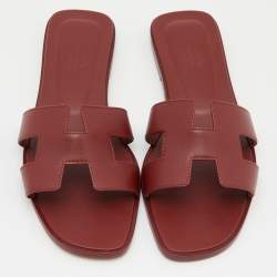 Pre Owned Hermes Red Leather Oran Flat Slides Size 38