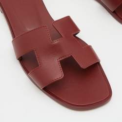 Pre Owned Hermes Red Leather Oran Flat Slides Size 38