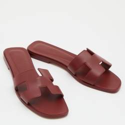 Pre Owned Hermes Red Leather Oran Flat Slides Size 38