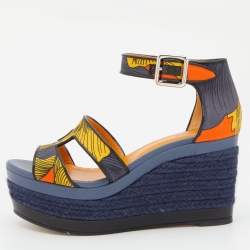 مملوكة مسبقًا Hermes Multicolor Printed Canvas Ilana Espadrille Wedge Platform Ankle Cuff Sandals Size 37