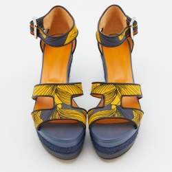 مملوكة مسبقًا Hermes Multicolor Printed Canvas Ilana Espadrille Wedge Platform Ankle Cuff Sandals Size 37