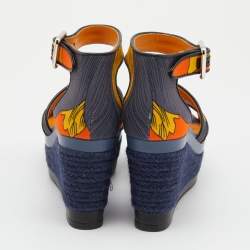 مملوكة مسبقًا Hermes Multicolor Printed Canvas Ilana Espadrille Wedge Platform Ankle Cuff Sandals Size 37