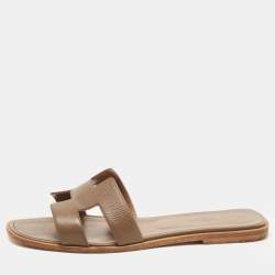 Hermes Brown Leather Oran Flat Slides Size 40