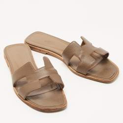 Hermes Brown Leather Oran Flat Slides Size 40