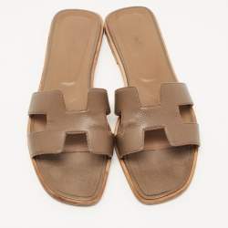 Hermes Brown Leather Oran Flat Slides Size 40