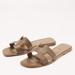 Hermes Brown Leather Oran Flat Slides Size 40
