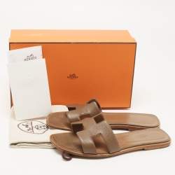 Hermes Brown Leather Oran Flat Slides Size 40